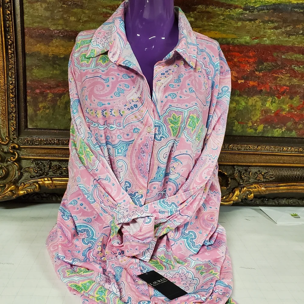SZ. LARGE LAUREN RALPH LAUREN PINK PAJAMA SHIRT - Picture 3 of 5